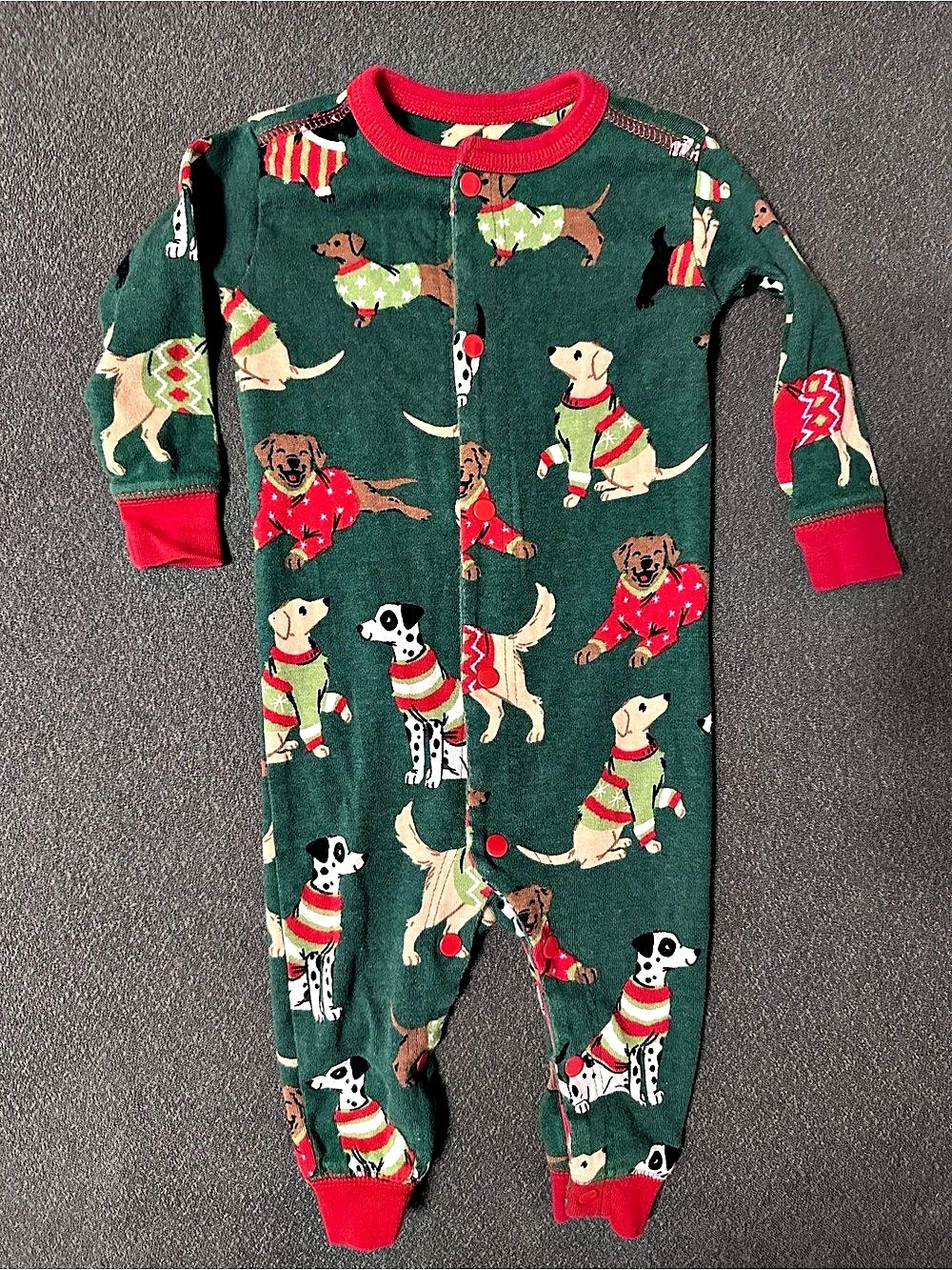 Little Blue House Baby Footie Green & Red Christmas Dogs 3-6M Like New